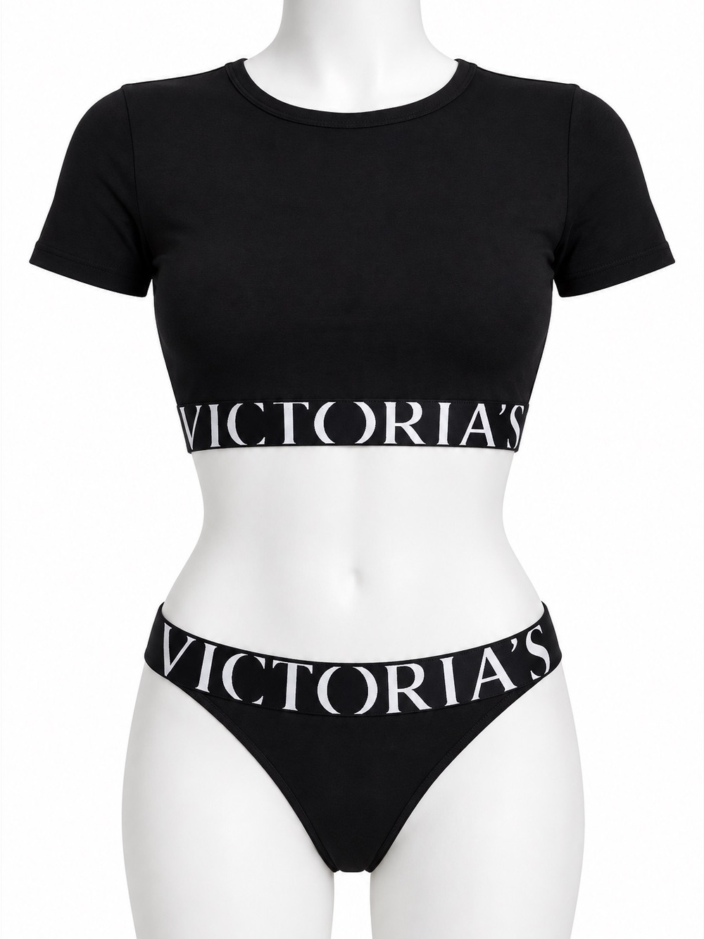 Victoria's Secret Black Logo Crop Tee & Bikini Brief Set